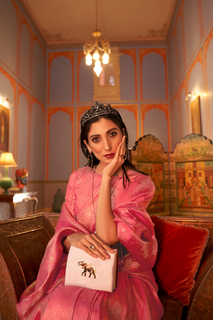 Trendy Rani Pink Kanjivaram Silk Saree with Satin Weaving Work