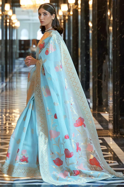 Sky Blue Soft Cotton Blend Silk Saree with Zari Work