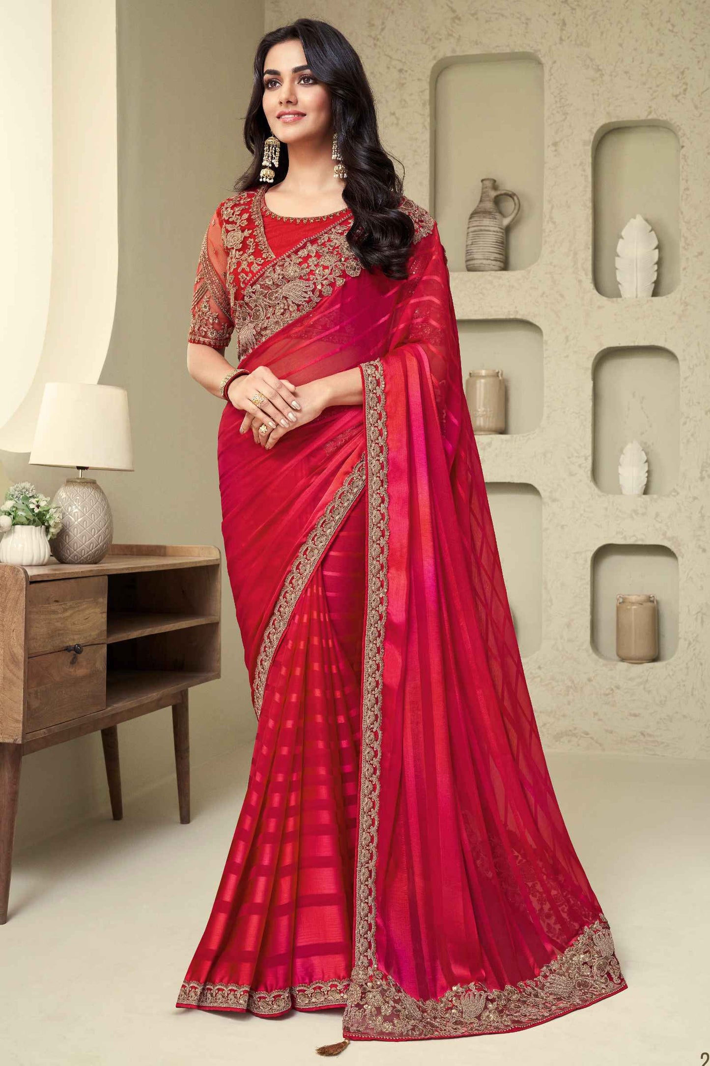 Red Glorious Silk Saree With Embroidery Work