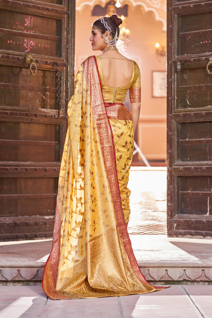 Yellow Banarasi Pure Satin Silk with Graceful Zari Work Border