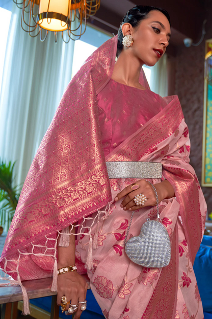 Pastel Pink Organza Shimmer Silk Saree with Copper Zari Weaving