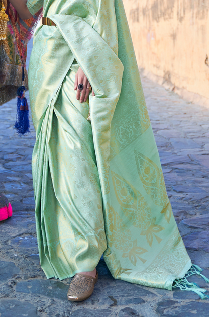Pistachio Green Lavish Banarasi Handloom Silk Saree with Tassels Pallu