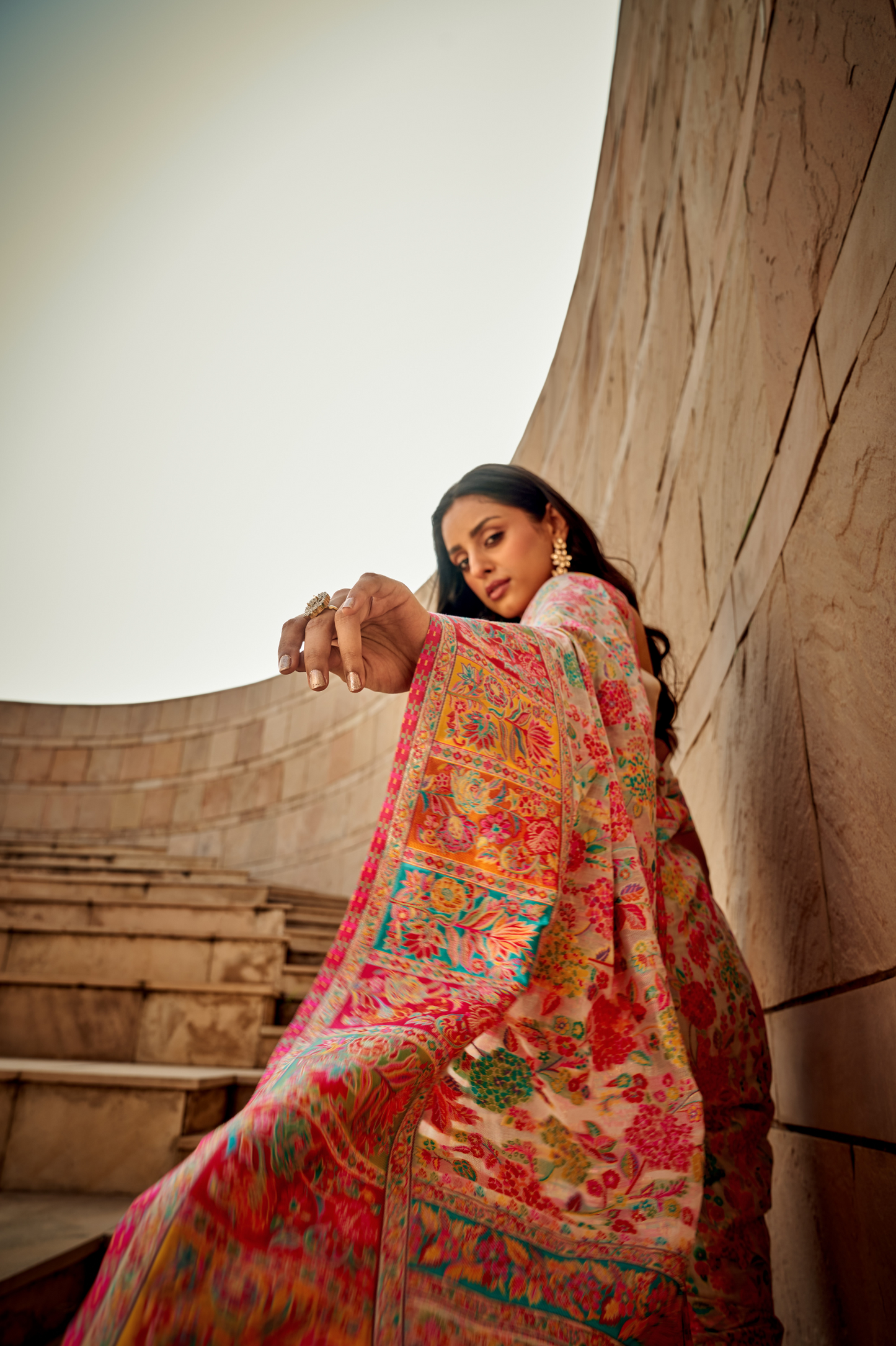 Dark Beige Kashmiri Soft Cotton Pashmina Silk Saree with Floral Print