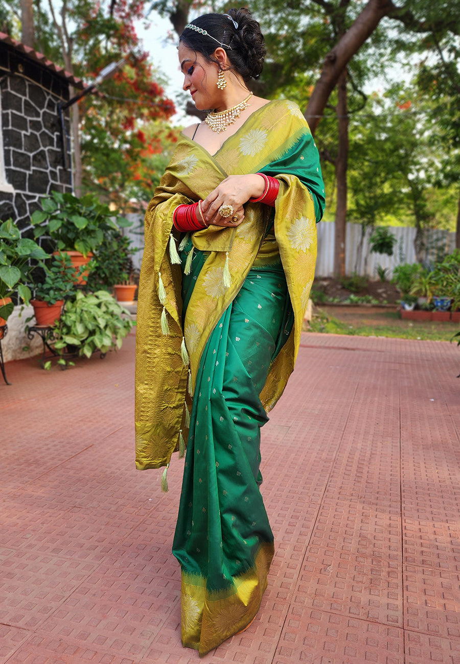 Green Soft Silk Floral Border Zari Woven Saree