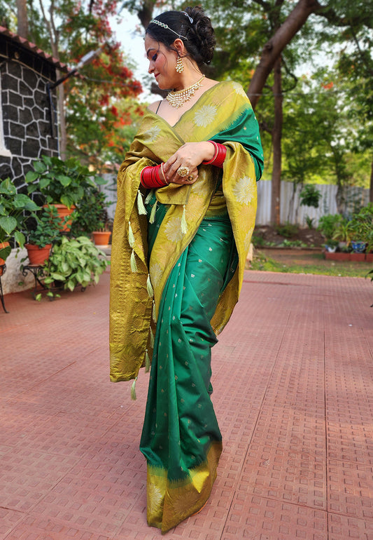 Green Soft Silk Floral Border Zari Woven Saree