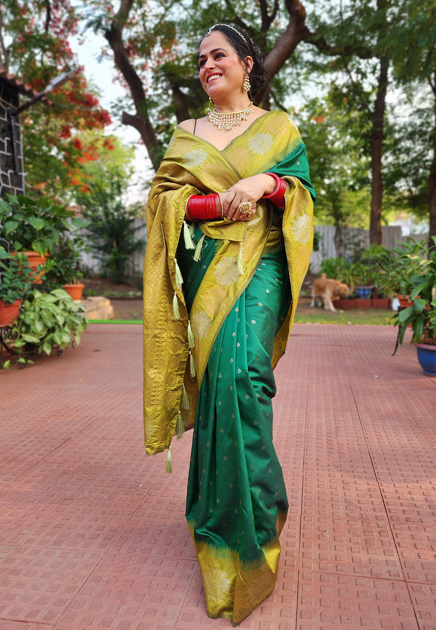 Green Soft Silk Floral Border Zari Woven Saree