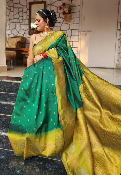 Green Soft Silk Floral Border Zari Woven Saree