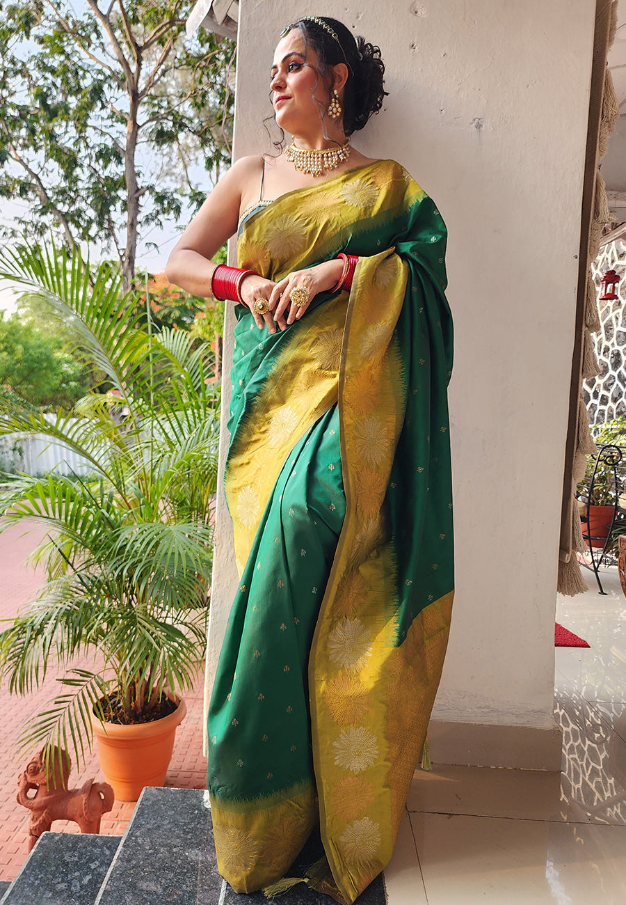 Green Soft Silk Floral Border Zari Woven Saree