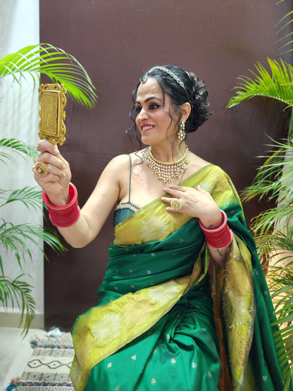 Green Soft Silk Floral Border Zari Woven Saree