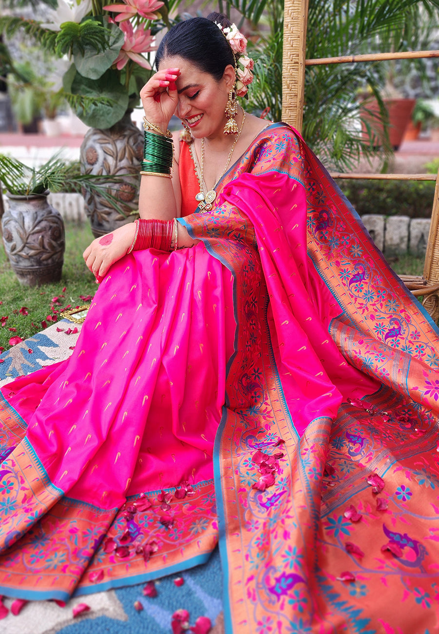 Shilpa Raman in Pink Muniya Original Paithani Silk Zari Woven Saree