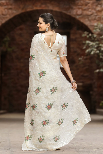 Ivory Chiffon Saree with Cross-Stitch Embroidery