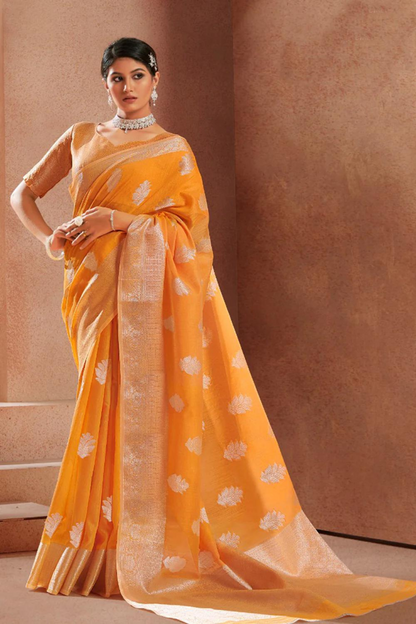Pastel Orange Silk with Silver Zari Weaving Border