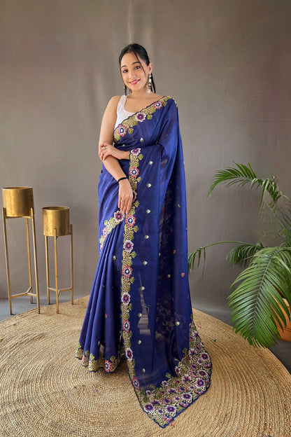 Royal Blue Embroidered Pure Tussar Silk Saree