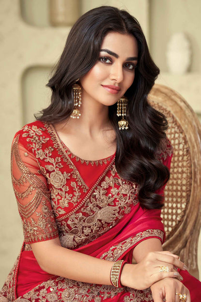 Red Glorious Silk Saree With Embroidery Work