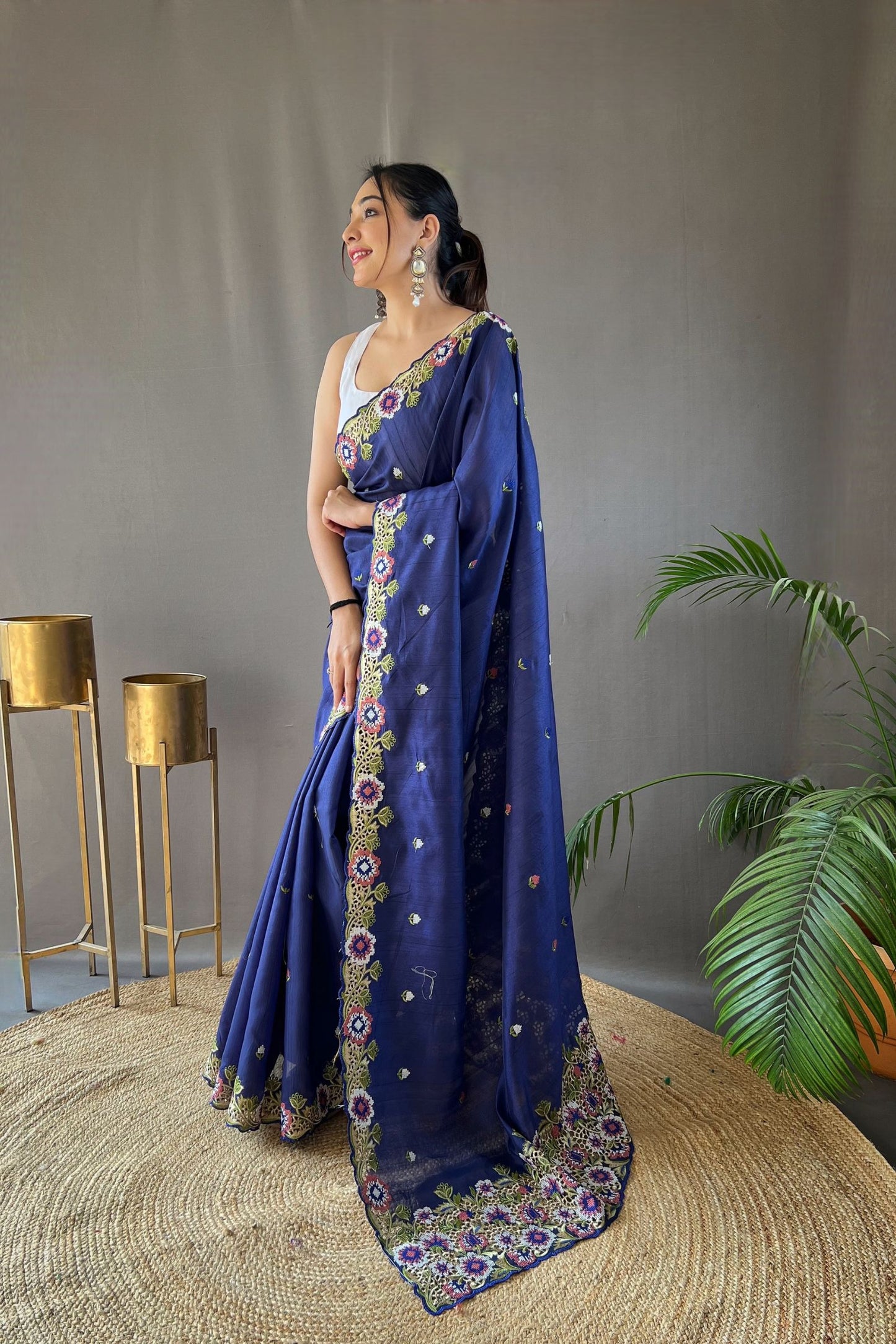 Royal Blue Embroidered Pure Tussar Silk Saree