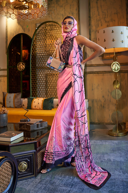 Pink Floral Printed Satin Crepe Saree