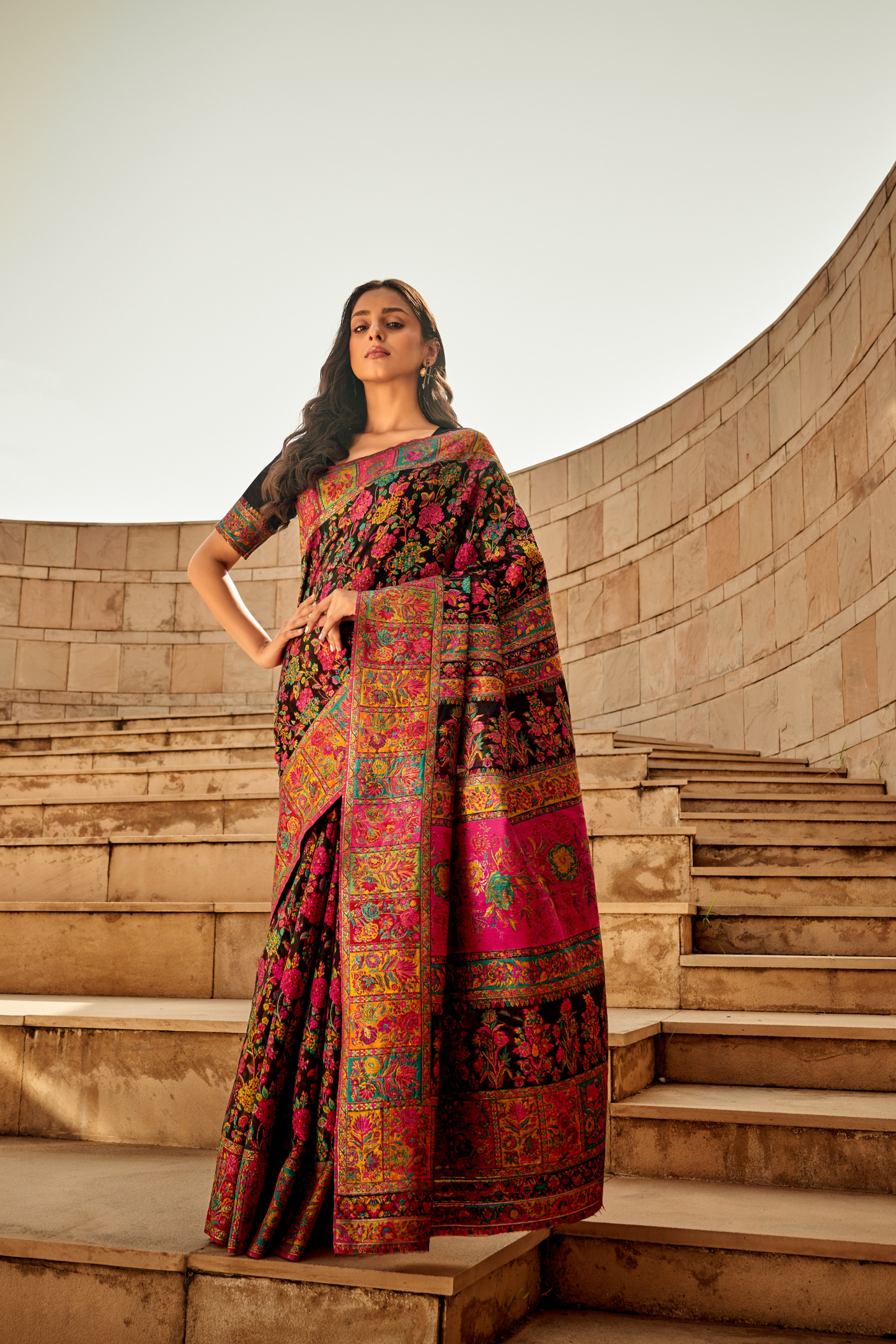 Black Kashmiri Soft Cotton Pashmina Silk Saree with Floral Print