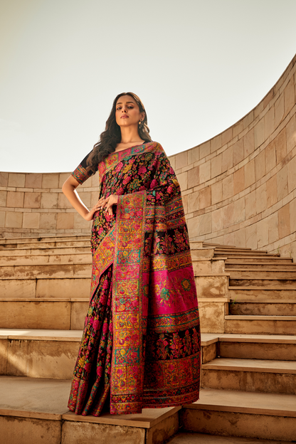Black Kashmiri Soft Cotton Pashmina Silk Saree with Floral Print