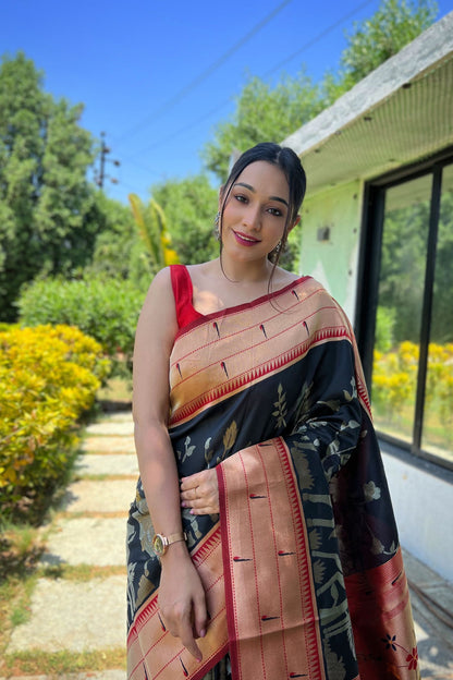 Black Zari Woven Soft Paithani Silk Saree with Traditional Pattern