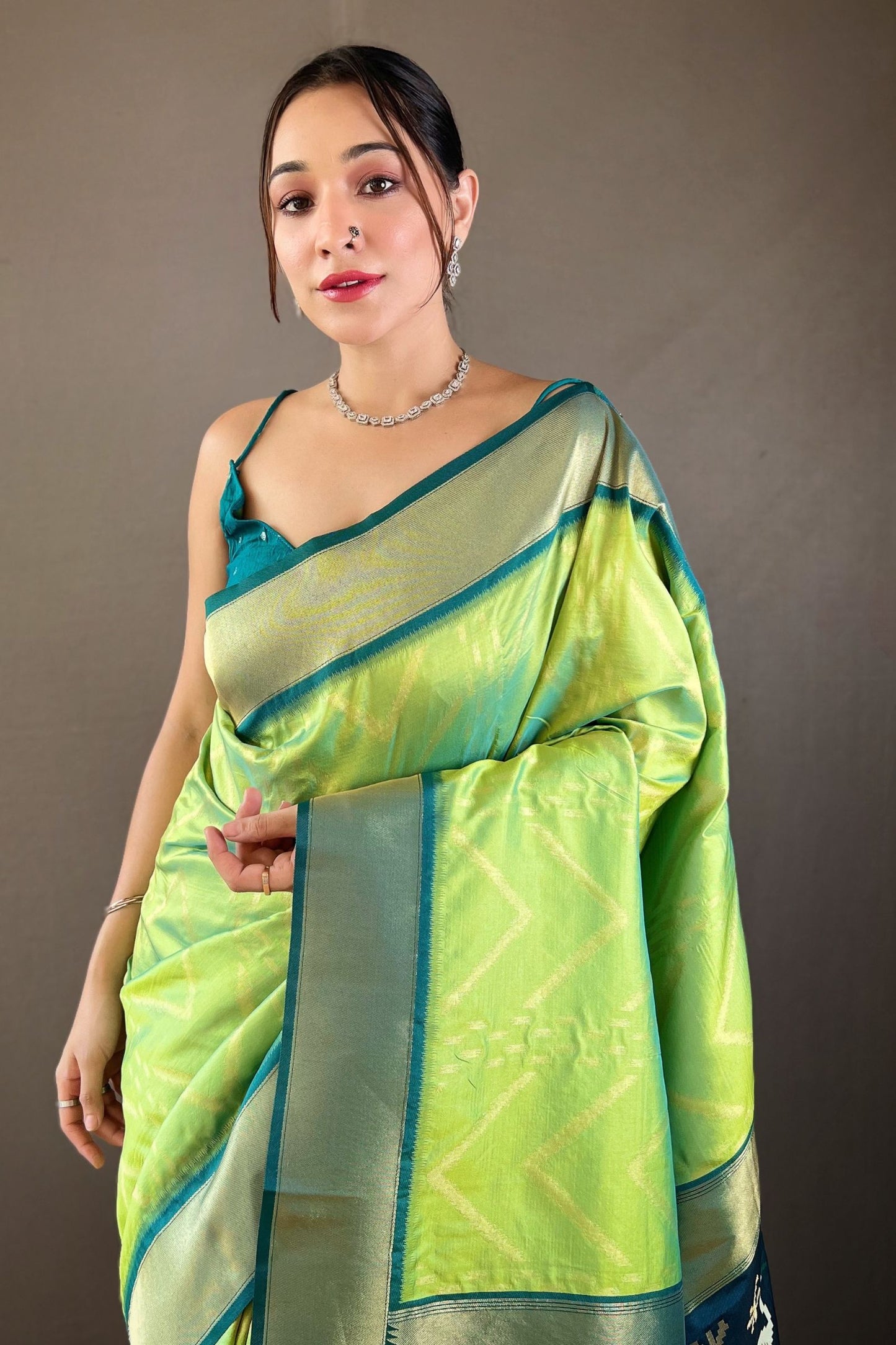 Neon Green Zig Zag Zari Soft Silk Saree
