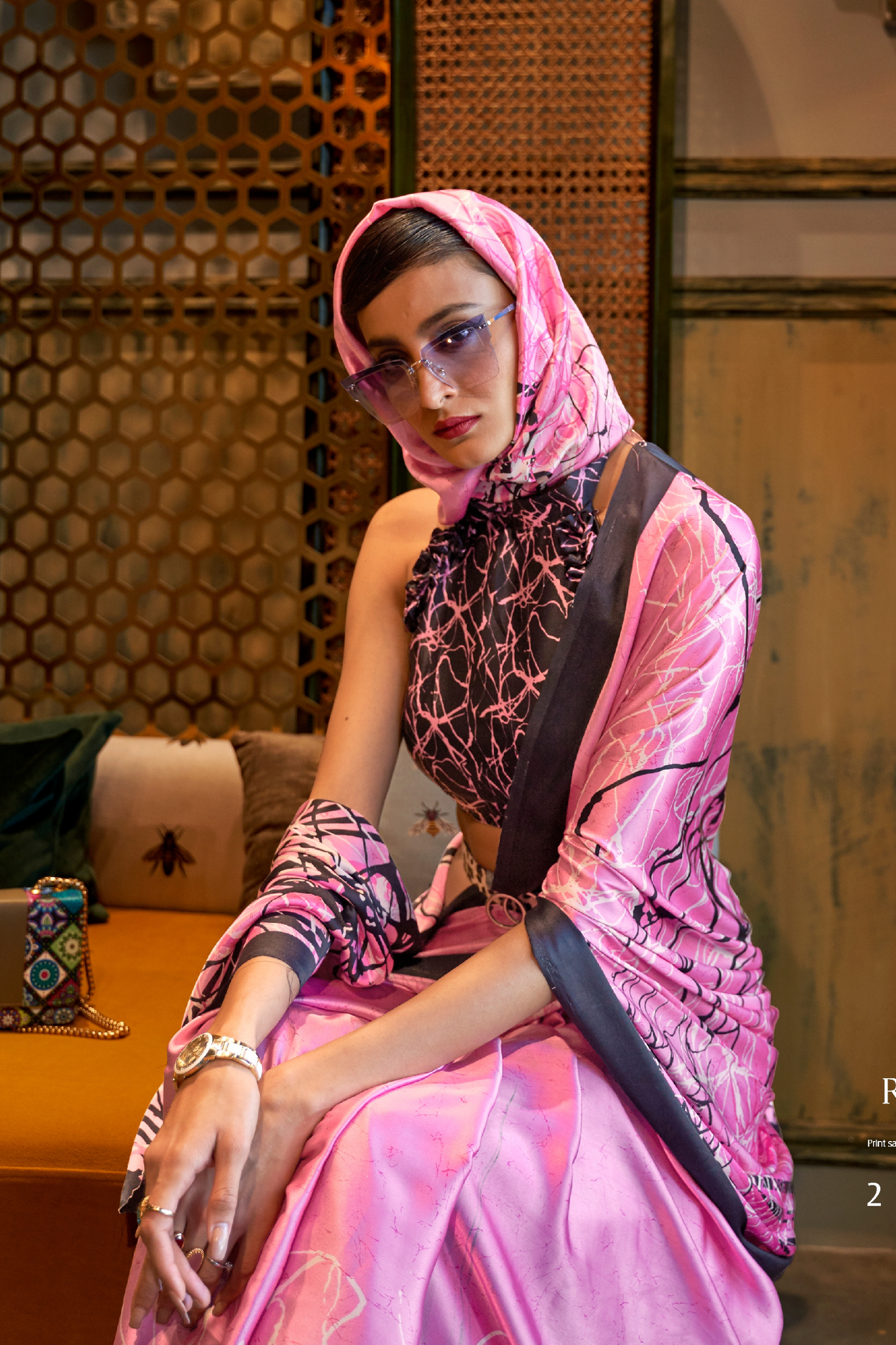 Pink Floral Printed Satin Crepe Saree