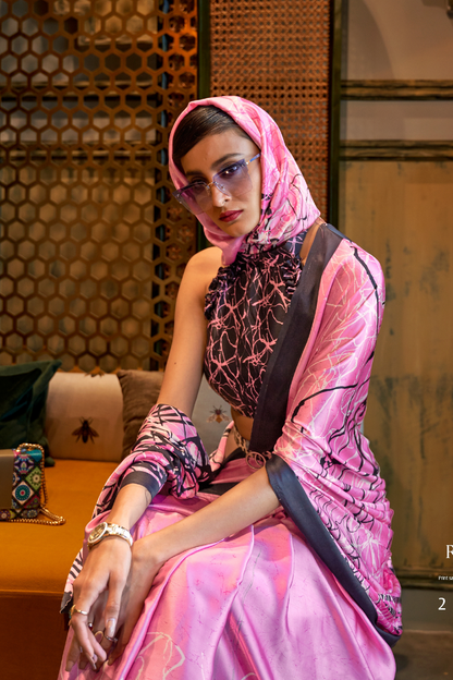 Pink Floral Printed Satin Crepe Saree