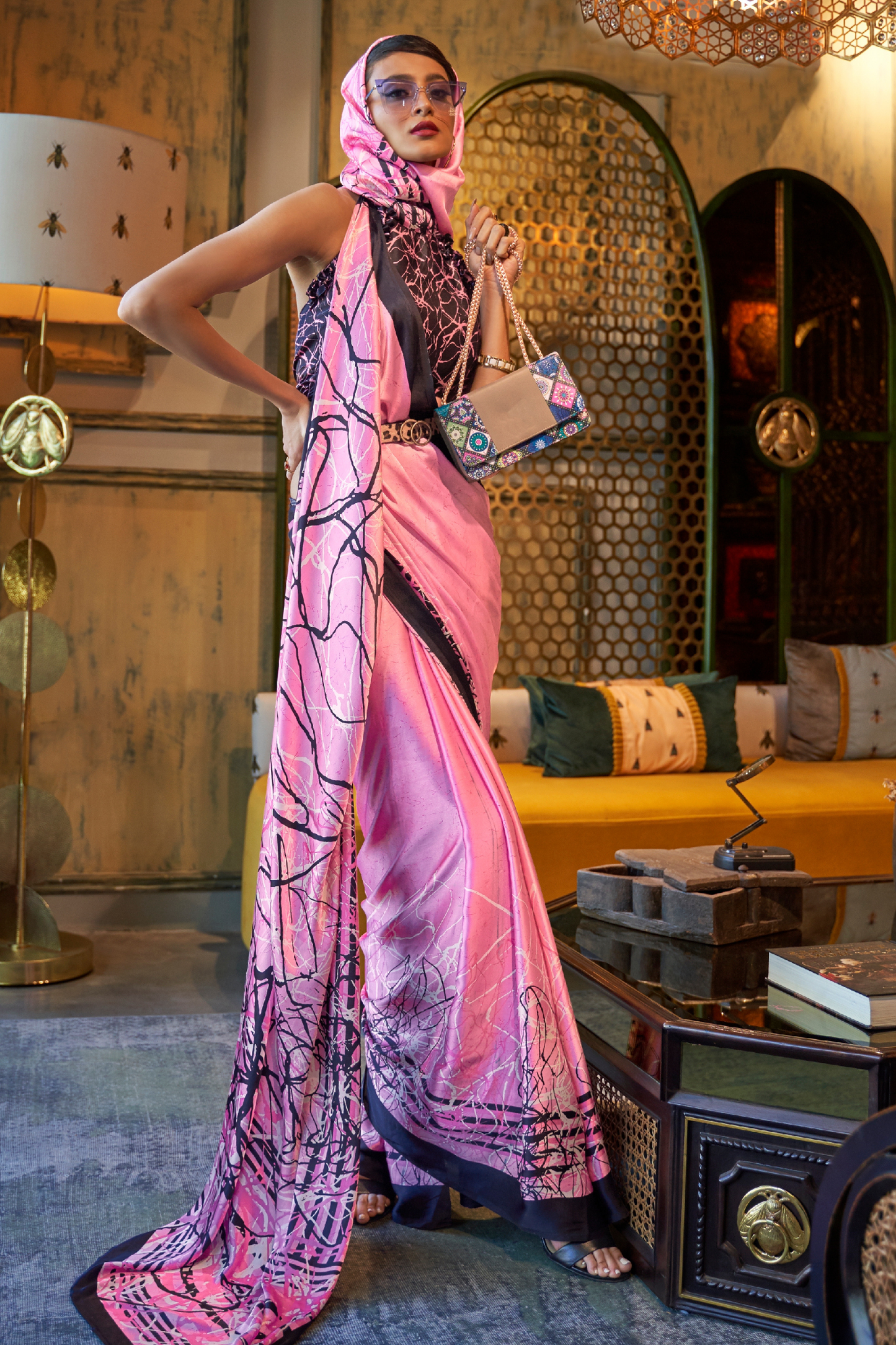 Pink Floral Printed Satin Crepe Saree