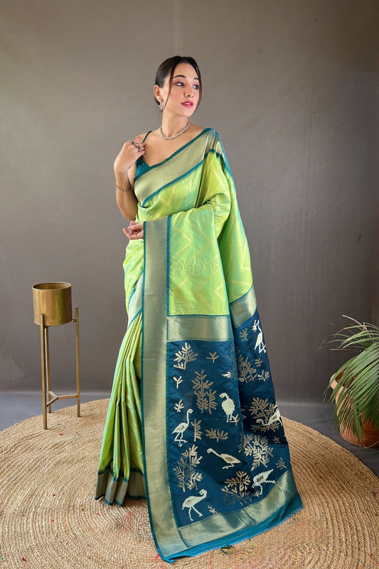 Neon Green Zig Zag Zari Soft Silk Saree