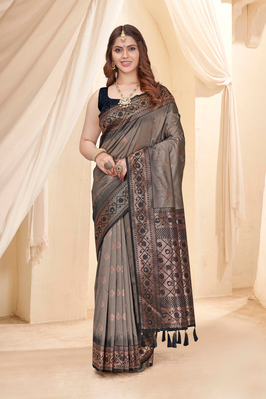 Grey Soft Silk Floral Border Contrast Zari Woven Saree