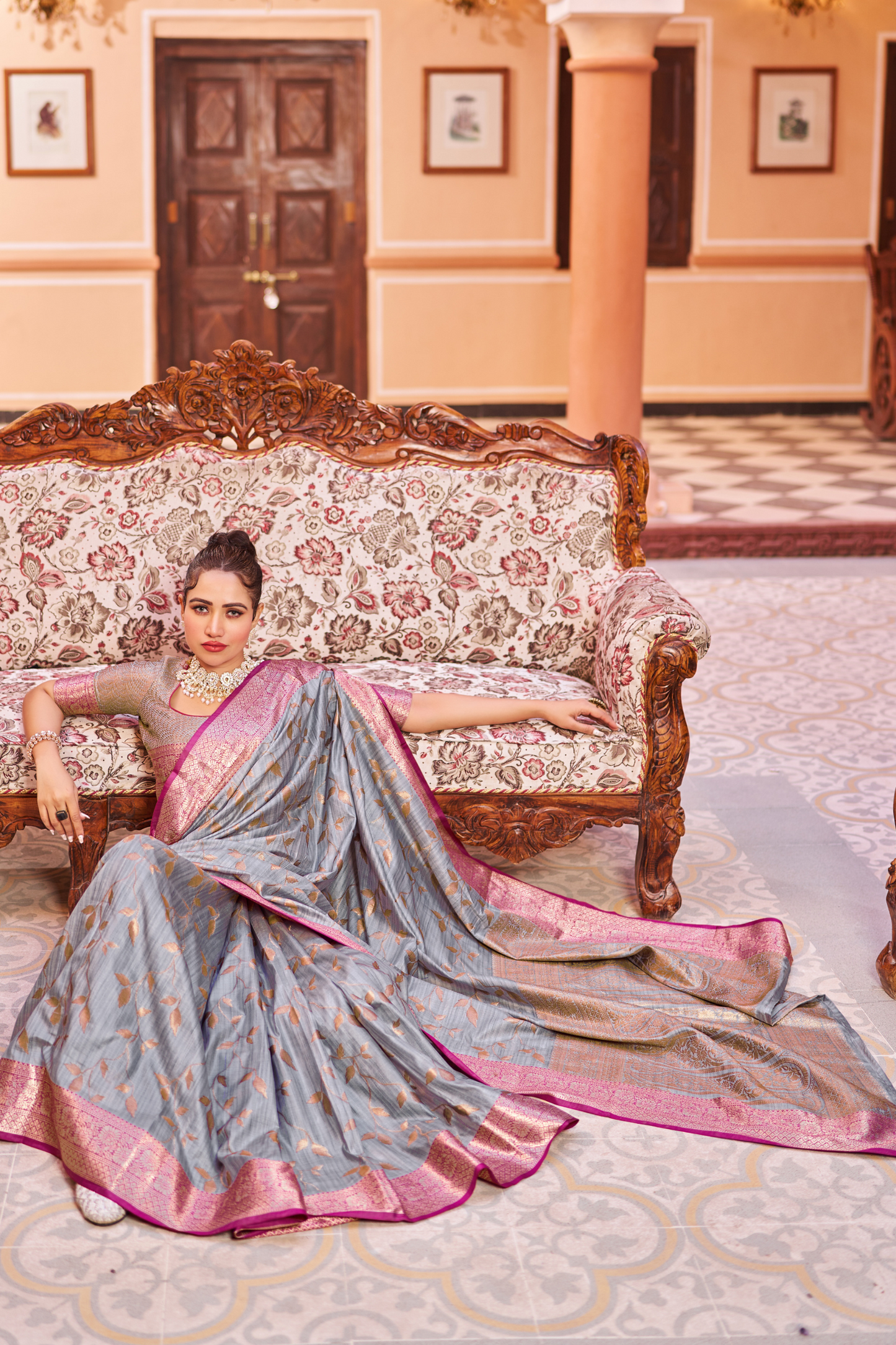 Gray Banarasi Pure Satin Silk with Graceful Zari Work Border