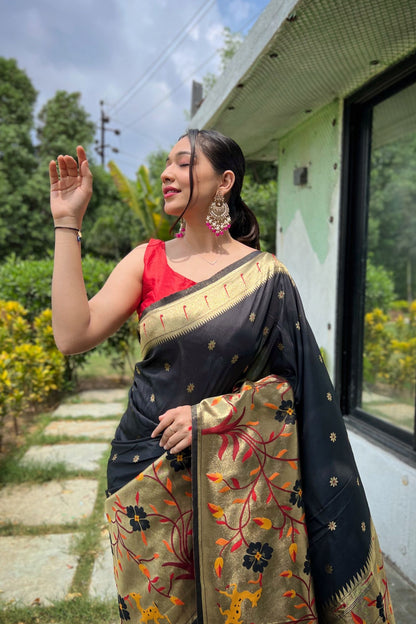 Black Paithani Silk Saree with Floral Motifs