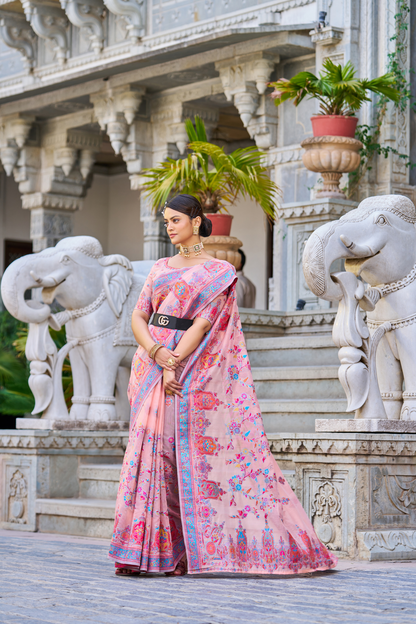 Blush Pink Cotton Pashmina Silk Saree with Floral Design