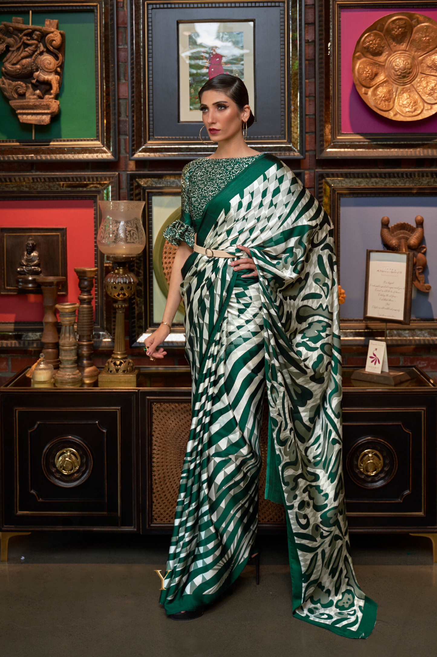 White & Green Striped Printed Satin Crepe Saree