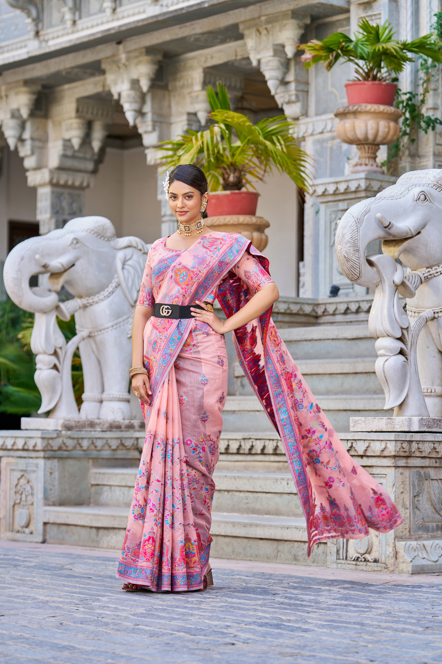 Blush Pink Cotton Pashmina Silk Saree with Floral Design