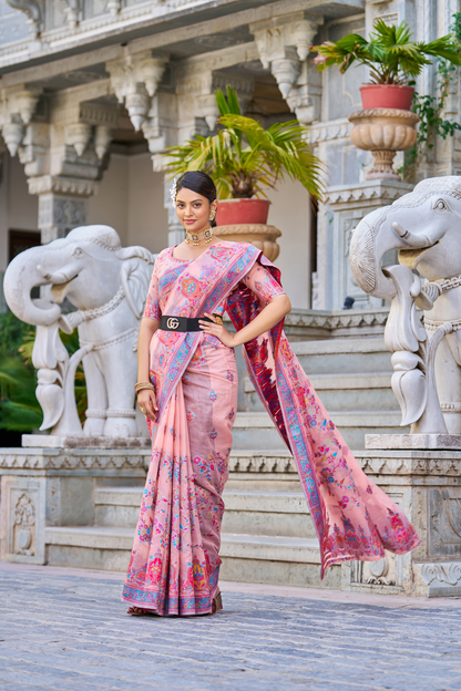 Blush Pink Cotton Pashmina Silk Saree with Floral Design