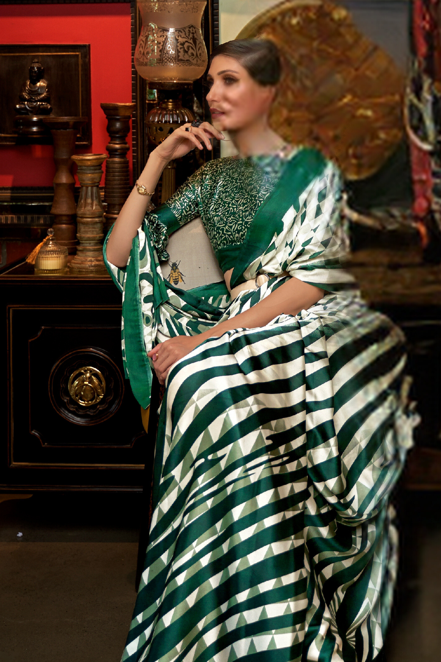 White & Green Striped Printed Satin Crepe Saree