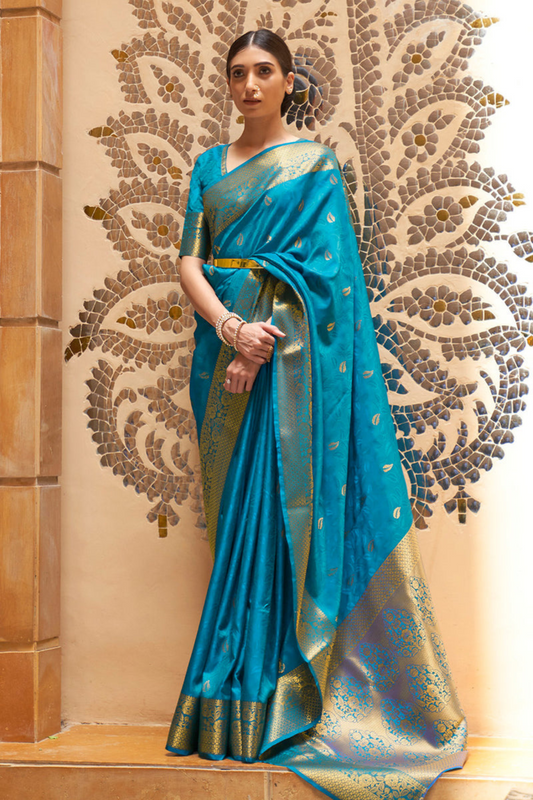 Teal Blue Pure Kanjivaram Soft Silk Saree with Zari Work