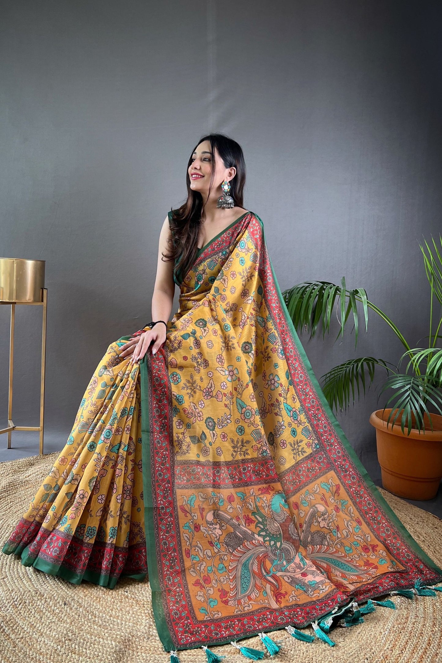 Yellow Kalamkari Printed Malai Cotton Saree