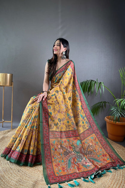 Yellow Kalamkari Printed Malai Cotton Saree