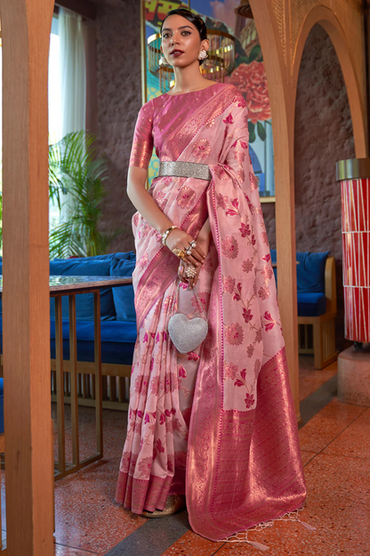 Pastel Pink Organza Shimmer Silk Saree with Copper Zari Weaving