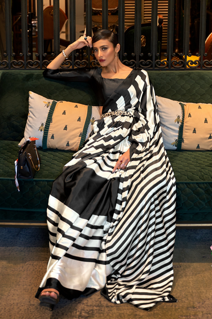 White & Black Striped Printed Satin Crepe Saree