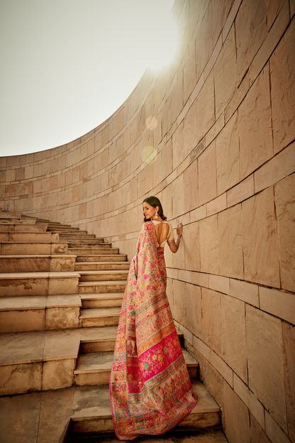 Dark Beige Kashmiri Soft Cotton Pashmina Silk Saree with Floral Print