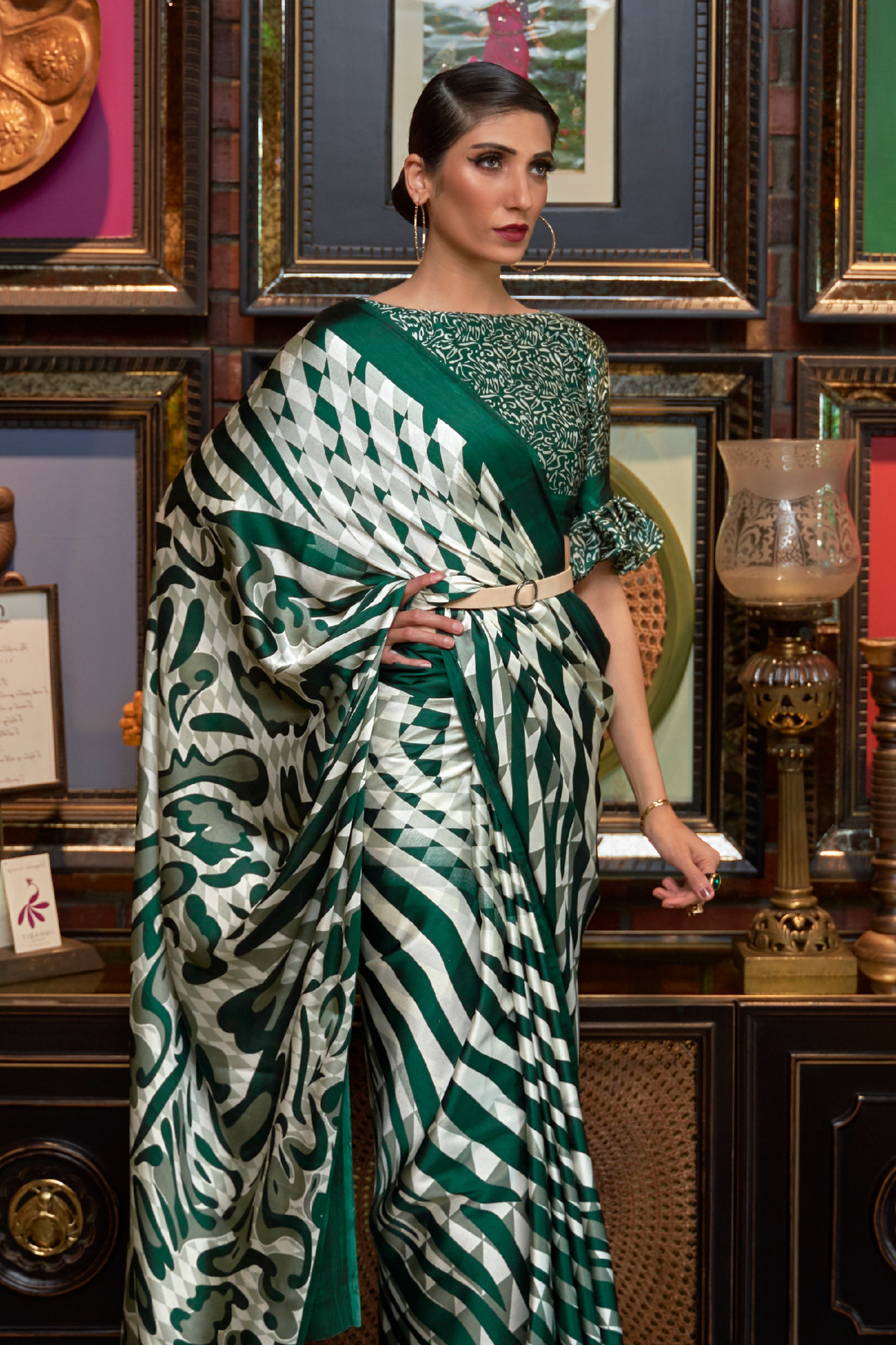 White & Green Striped Printed Satin Crepe Saree