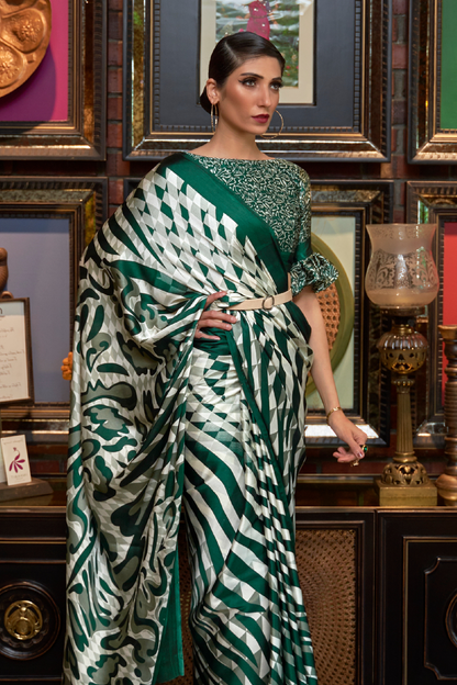 White & Green Striped Printed Satin Crepe Saree