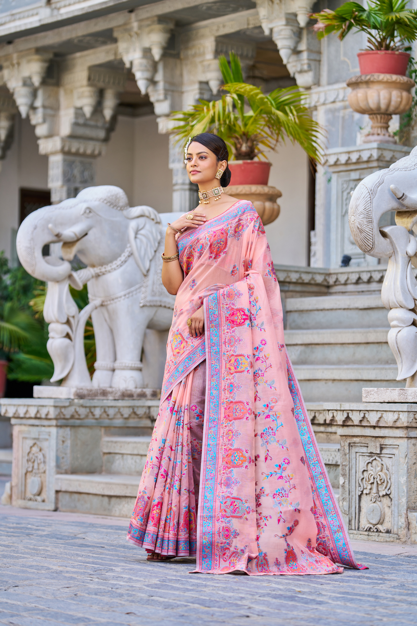 Blush Pink Cotton Pashmina Silk Saree with Floral Design