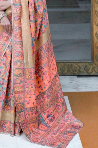 Golden Pink Cotton Silk Pashmina Sarees with Kashmiri Modal Weaving