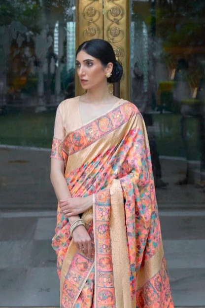 Golden Pink Cotton Silk Pashmina Sarees with Kashmiri Modal Weaving