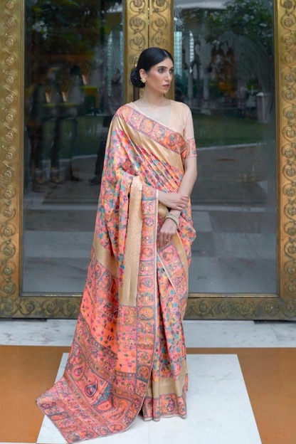 Golden Pink Cotton Silk Pashmina Sarees with Kashmiri Modal Weaving