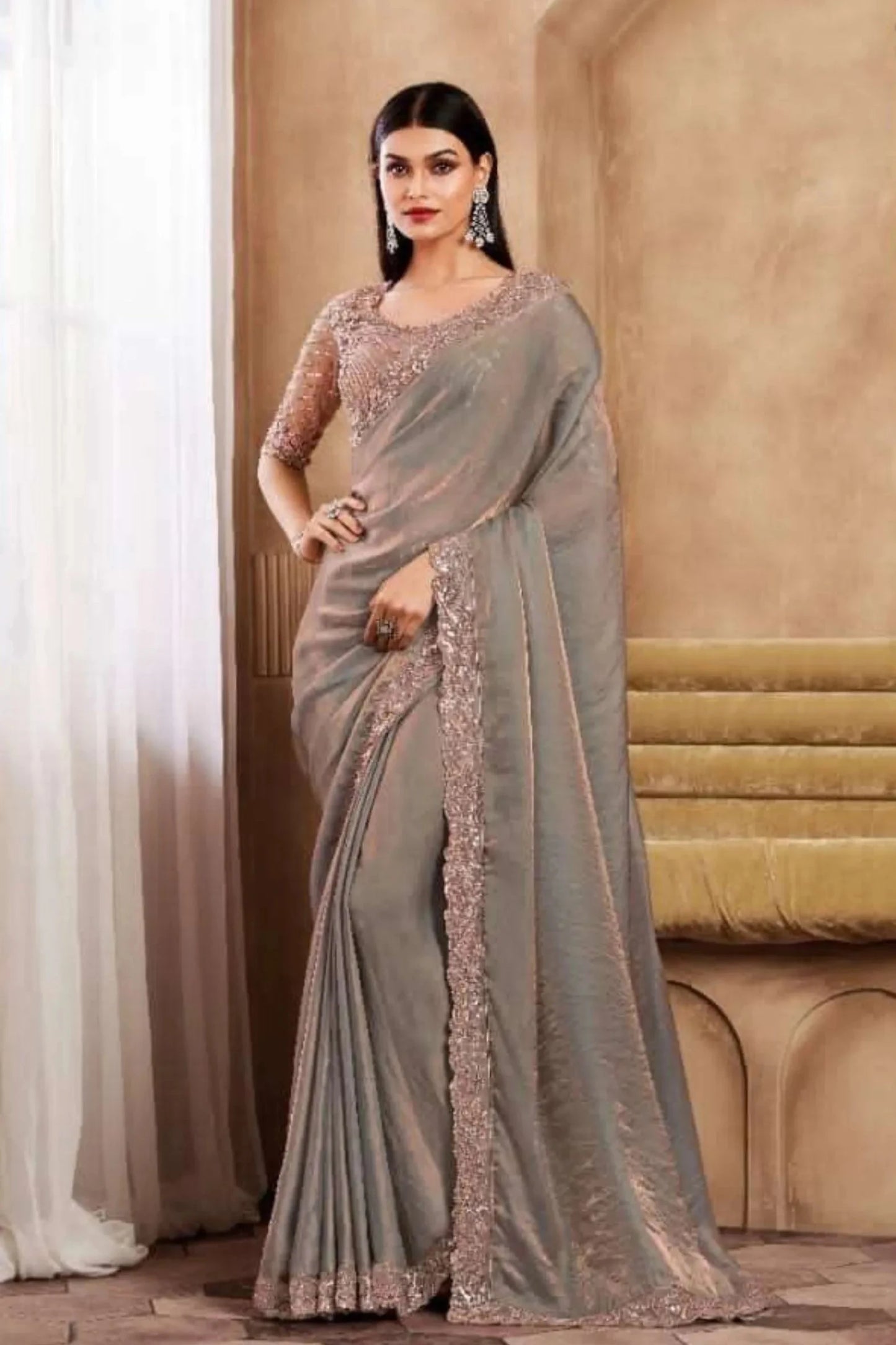 Grey Gold Flake Designer Silk Saree With Fancy Work