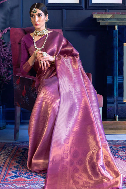 Wine Purple Premium Banarasi Soft Silk Saree with Hand Woven Work